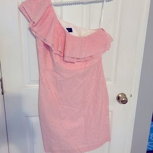 J Crew one shoulder ruffle pink and white striped seersucker dress. Size 6 P